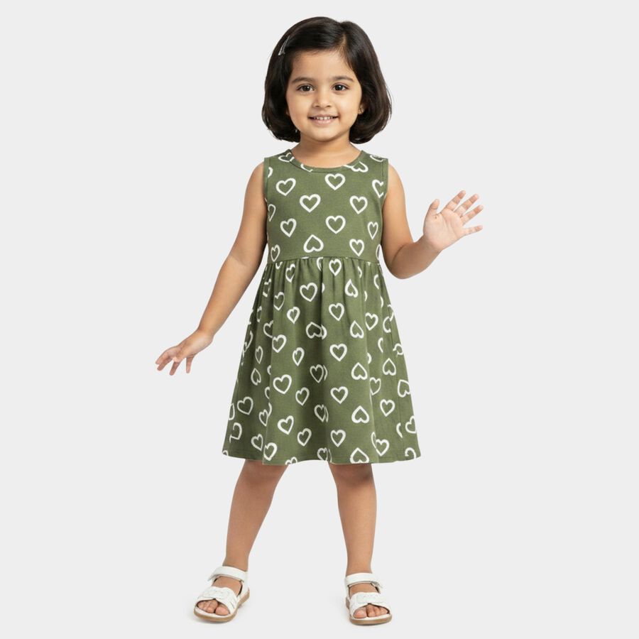 Girls' Olive Green Regular Fit Heart Printed Sleeveless Frock, हल्का हरा, large
