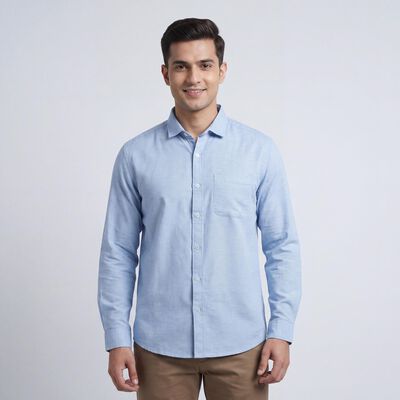 Men's Light Blue Spread Collar Casual Shirt