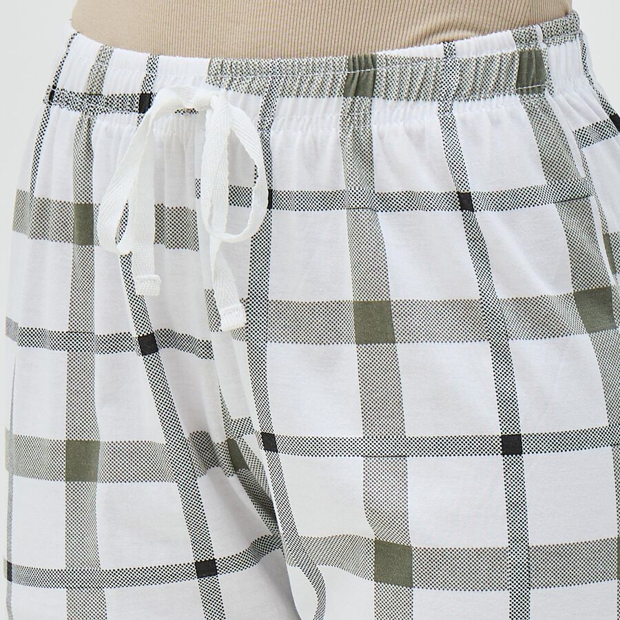 Women's White and Olive Checkered Elastic Waist Pyjama, सफ़ेद, large