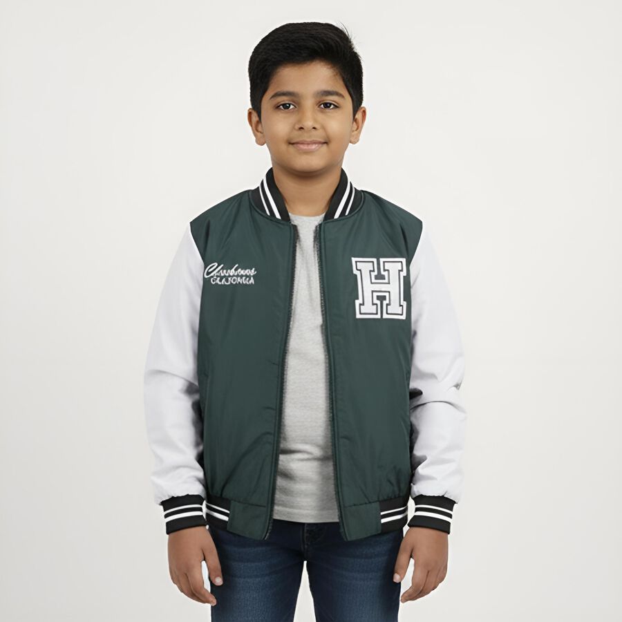 Boys Dark Green Varsity Jacket, Dark Green, large image number null