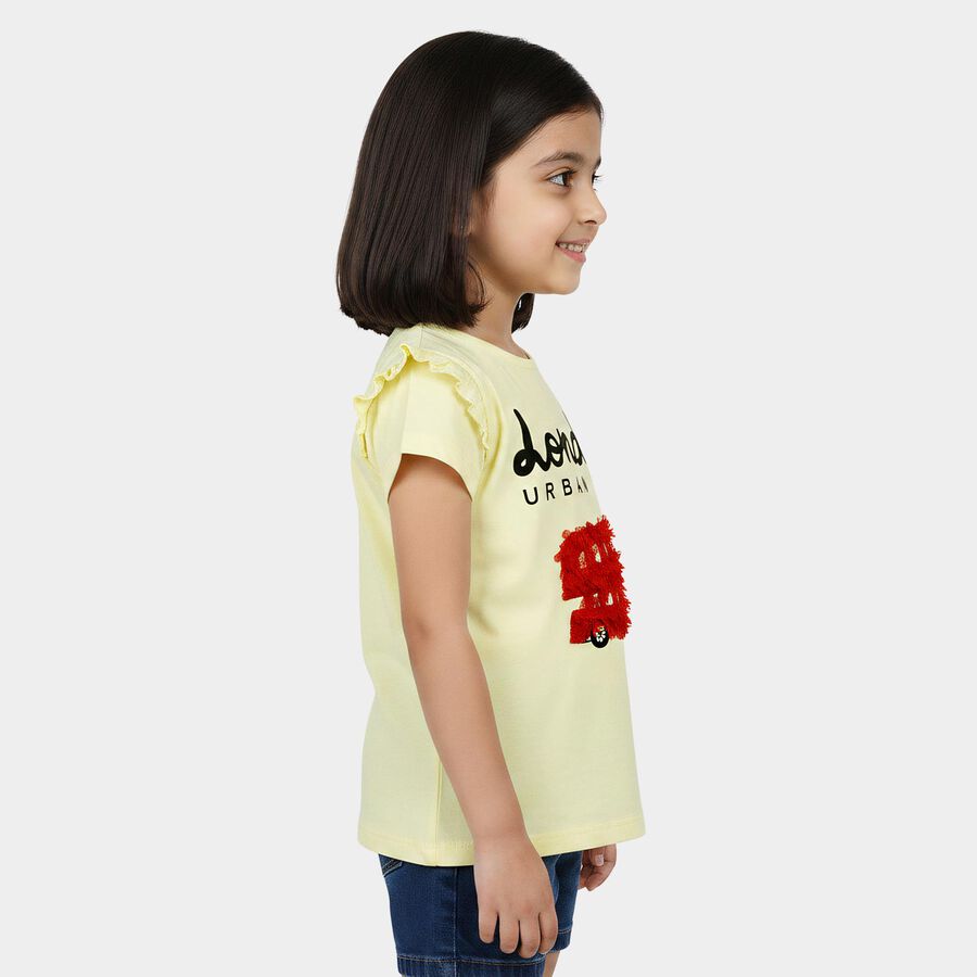 Girls Yellow Cotton Round Neck Casual T-Shirt, Yellow, large