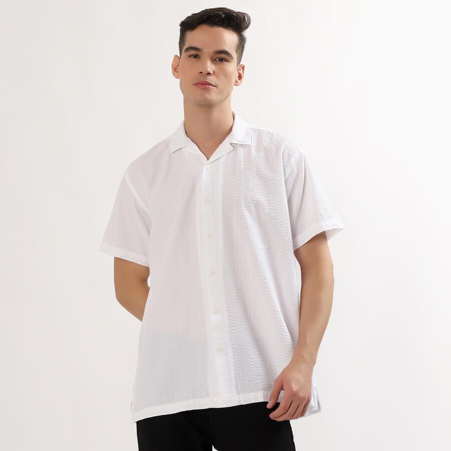 Men's Snow White Cotton Half Sleeve Cuban Collar Casual Shirt, White, large image number null