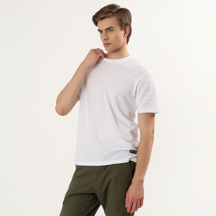 Men's White Round Neck Self Design Half Sleeves T-Shirt, White, large
