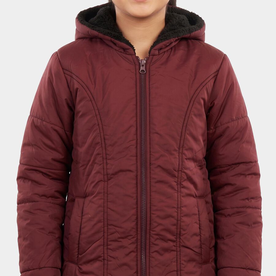 Girls' Wine Hooded Puffer Jacket, Wine, large