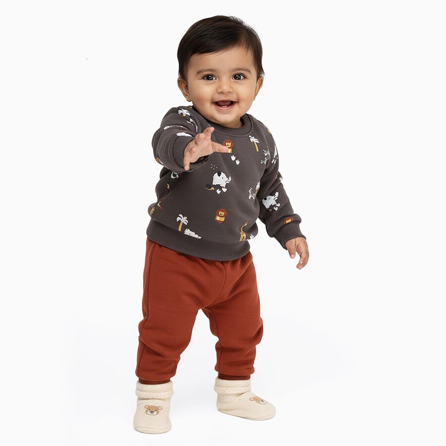 Infants' Dark Grey Round Neck Animal Print Baba Suit, Dark Grey, large image number null