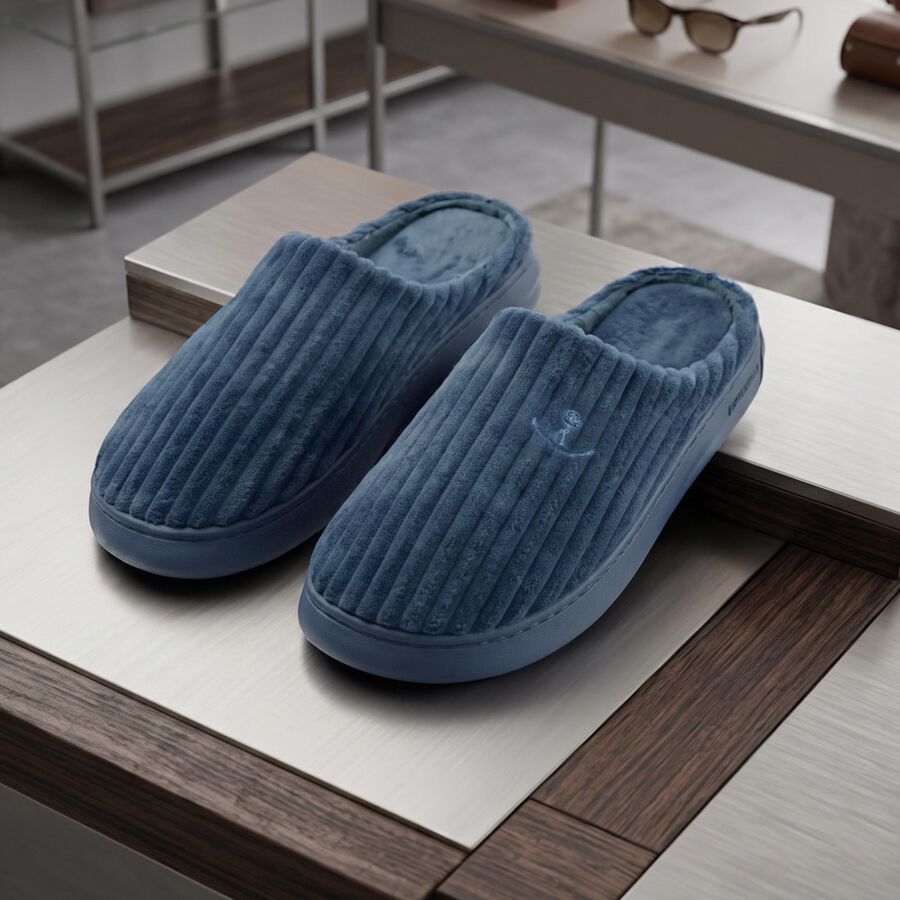 Men's Navy Blue Slip-On Winter Slippers, Navy Blue, large