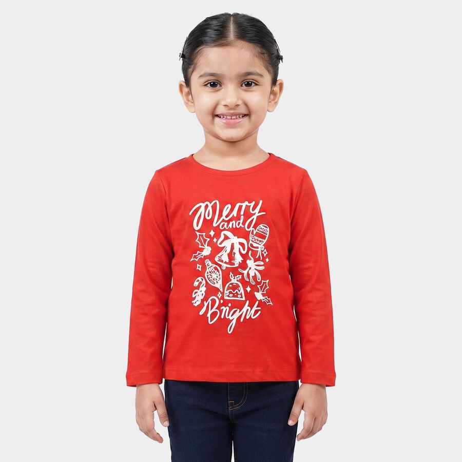 Girls Red Round Neck Regular Top, Red, large