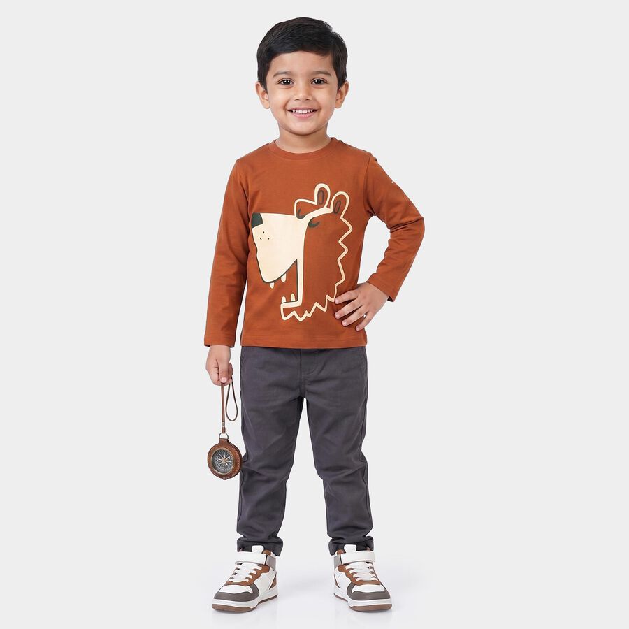 Boys Brown Cotton Blend Round Neck Regular T-Shirt, भूरा, large