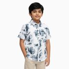 Boys' White and Navy Printed Half Sleeve Classic Collar Casual Shirt, White, small