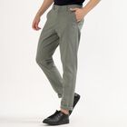 Men's Muted Sage Green Slim Fit Flat-Front Casual Trousers, Dark Green, small