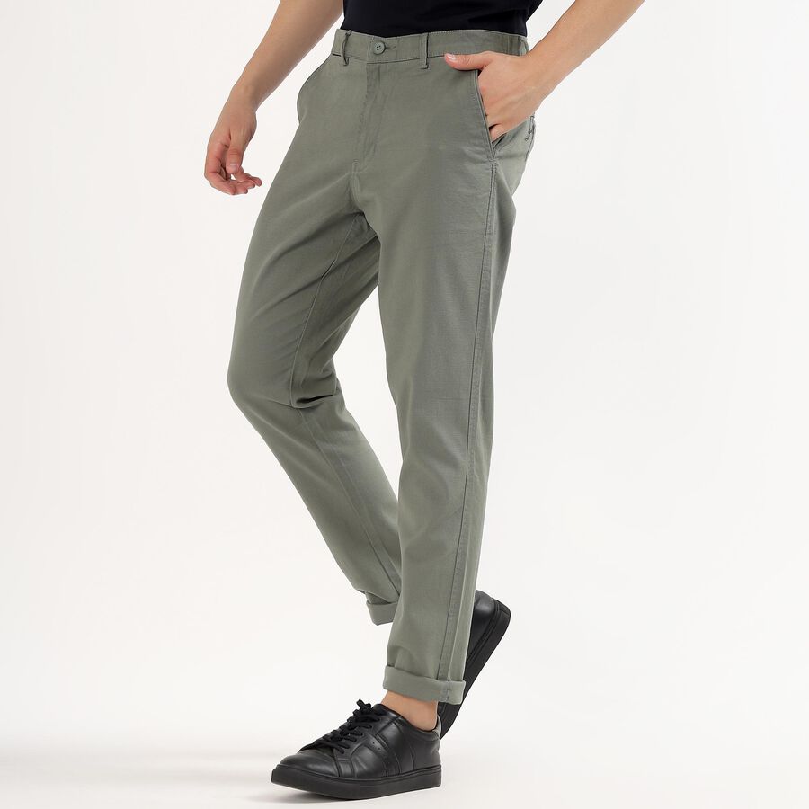 Men's Muted Sage Green Slim Fit Flat-Front Casual Trousers, Dark Green, large