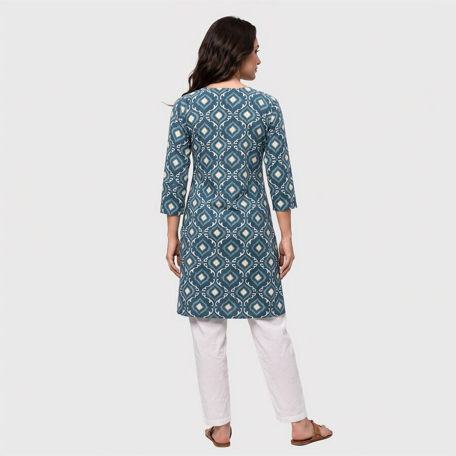 Women's Teal Blue Notch Neck Geometric Kurta, टील ब्लू, large