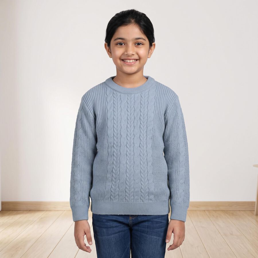 Girls' Light Blue Crew Neck Knitted Pullover, हल्का नीला, large