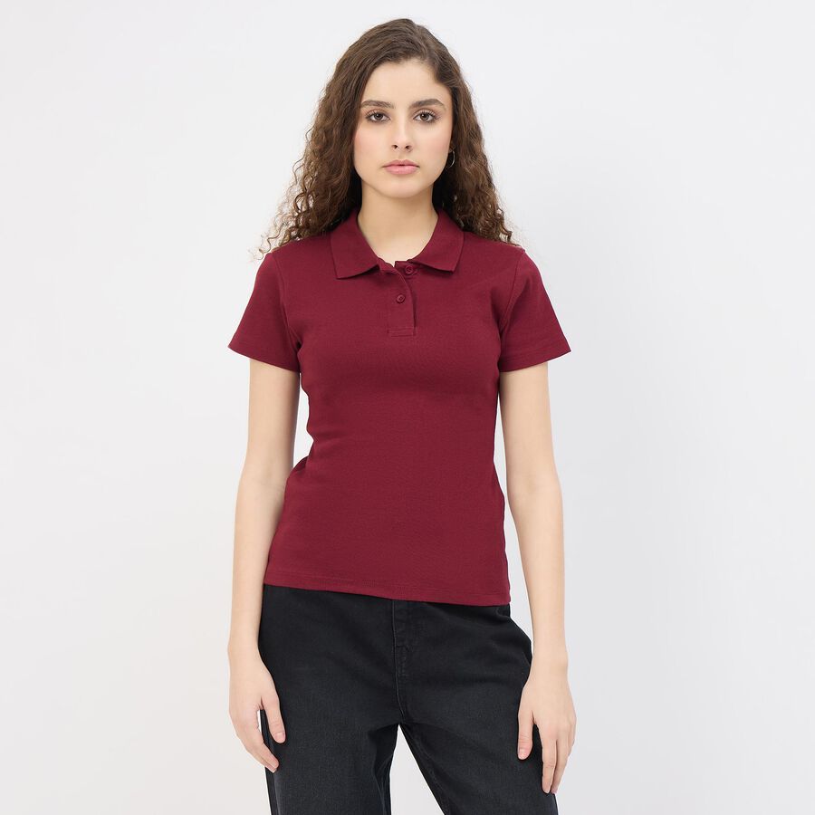 Women's Wine Polo Collar Classic T-Shirt, वाइन, large