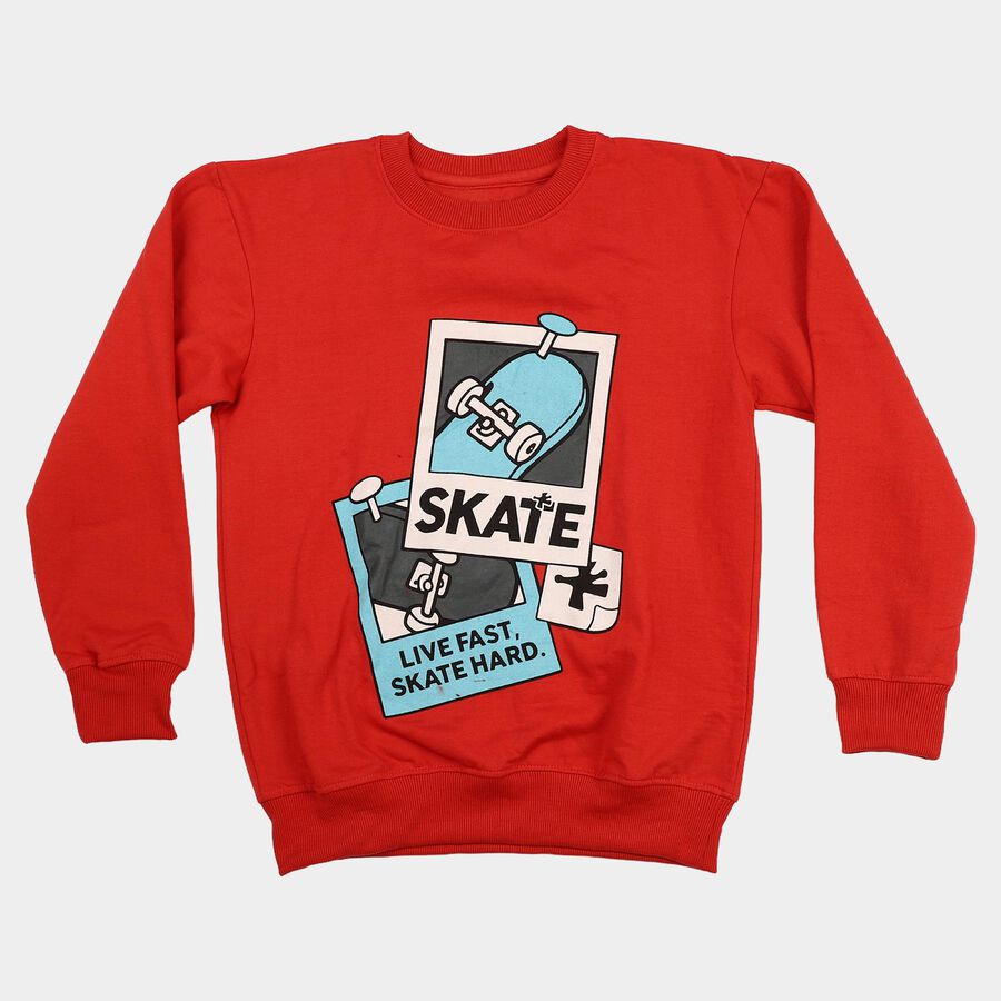 Boys' Red Crew Neck Graphic Print Sweatshirt, Red, large