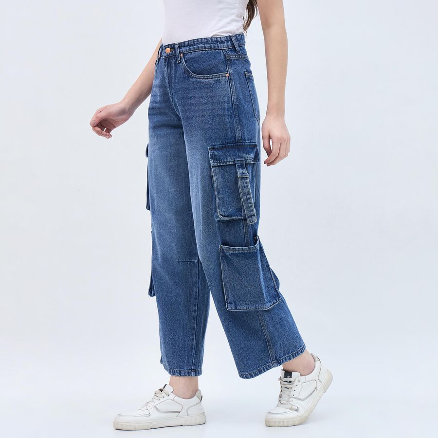 Women's Classic Blue Wide Leg Cargo Jeans, Mid Blue, large image number null