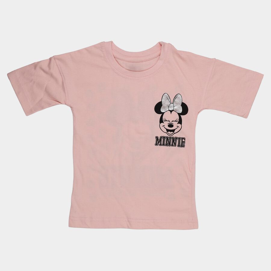 Girls' Pink Cotton Round Neck Minnie Mouse Printed T-Shirt, हल्का गुलाबी, large