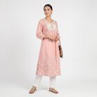 Women's Pink Round Neck Embroidered Kurta, Light Pink, small