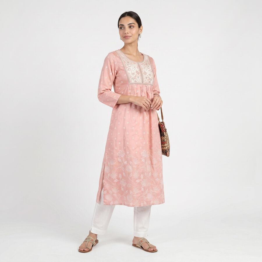 Women's Pink Round Neck Embroidered Kurta, Light Pink, large