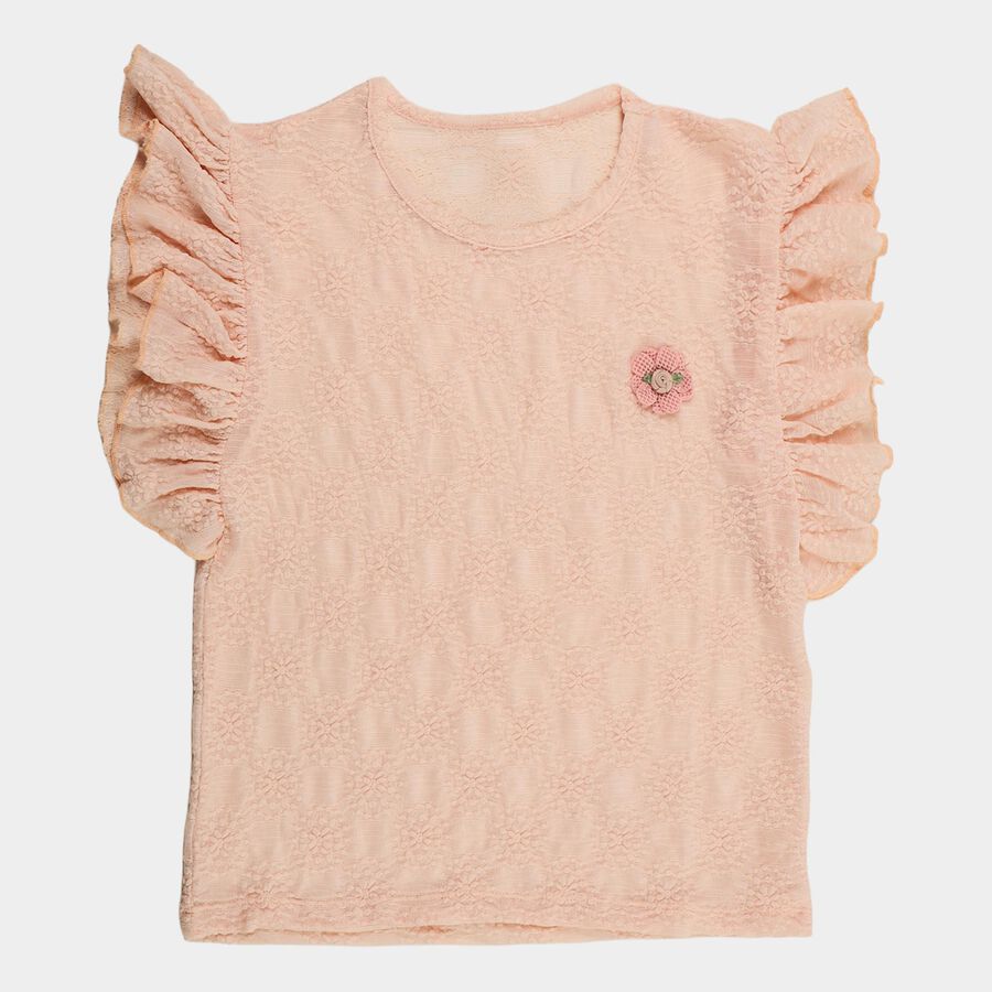 Girls' Pink Crew Neck Ribbed T-Shirt, Light Pink, large