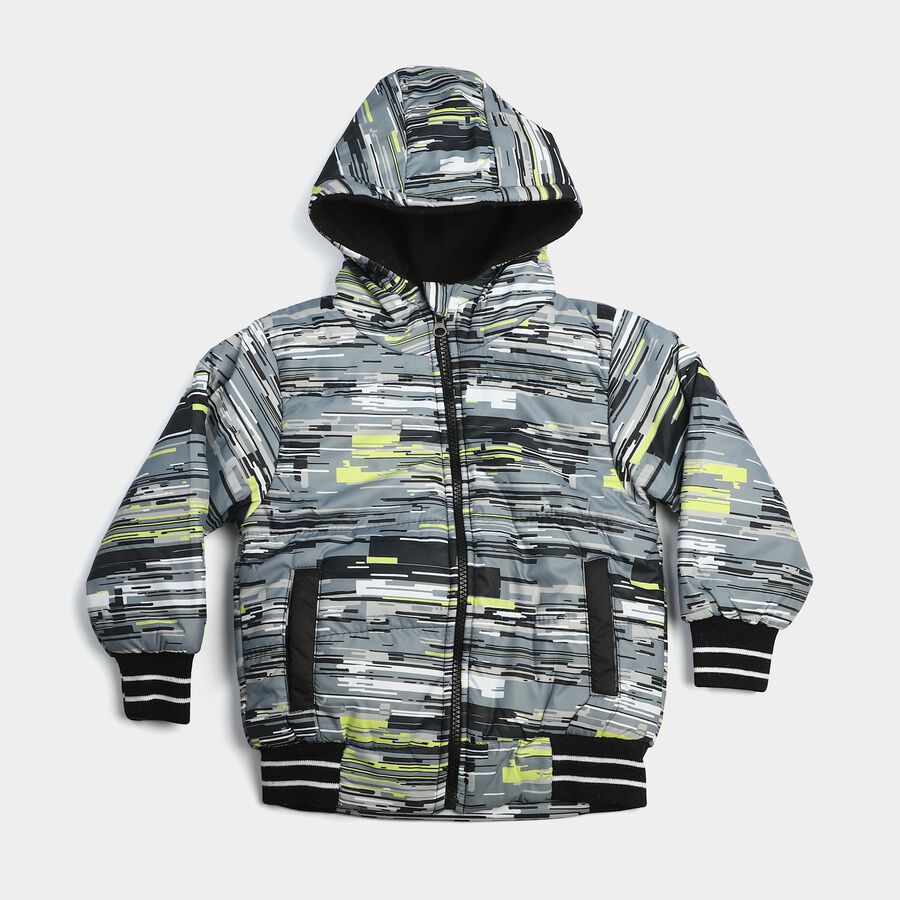 Boys Grey Hooded Bomber Jacket, Charcoal, large