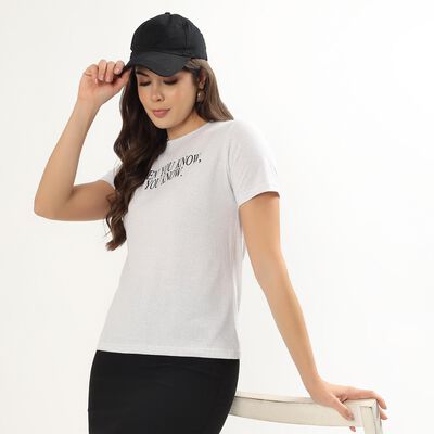 Women's Bright Ecru Melange Round Neck Graphic T-Shirt