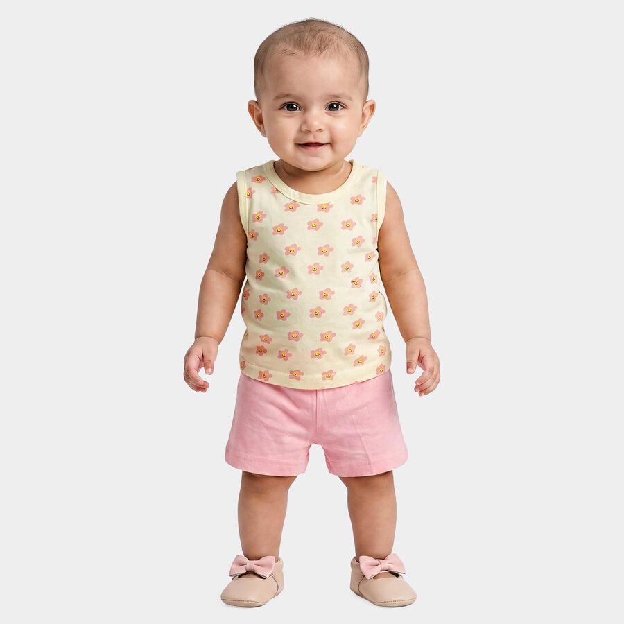 Infants Yellow Cotton Round Neck Printed Top And Shorts Set, Yellow, large