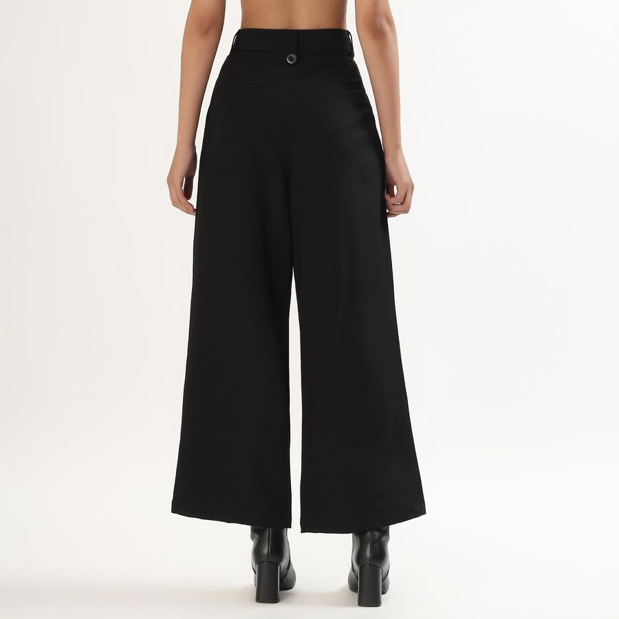 Women's Jet Black Wide-Leg Pleated Trousers, काला, large