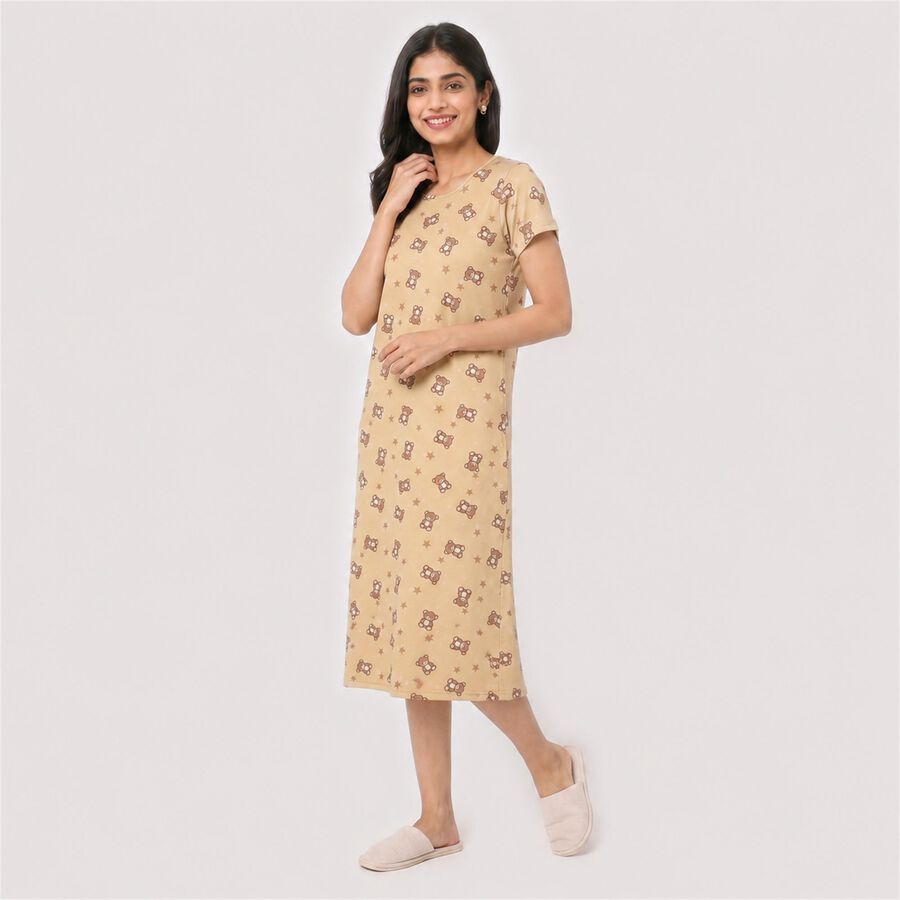 Women Beige Round Neck T-Shirt Style Nighty, Beige, large