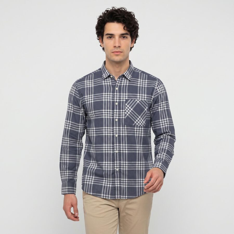 Men's Grey 100% Cotton Long Sleeves Spread Collar Casual Shirt, गहरा ग्रे, large