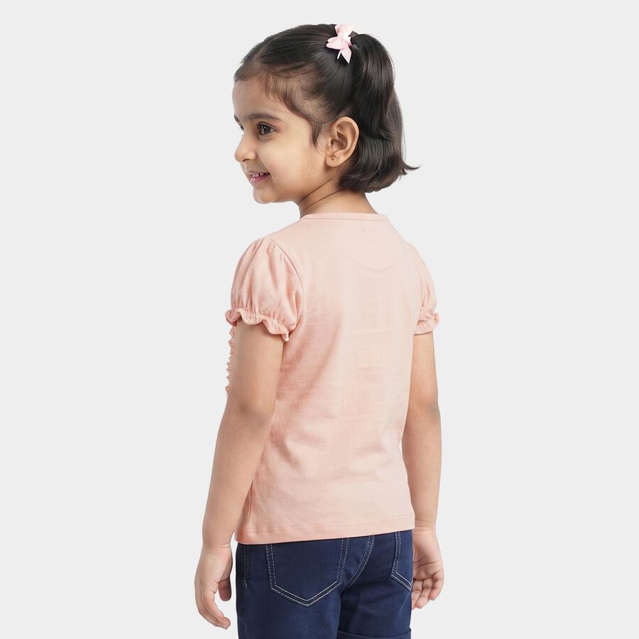 Girls Peach Cotton Round Neck Regular T-Shirt, हल्का गुलाबी, large