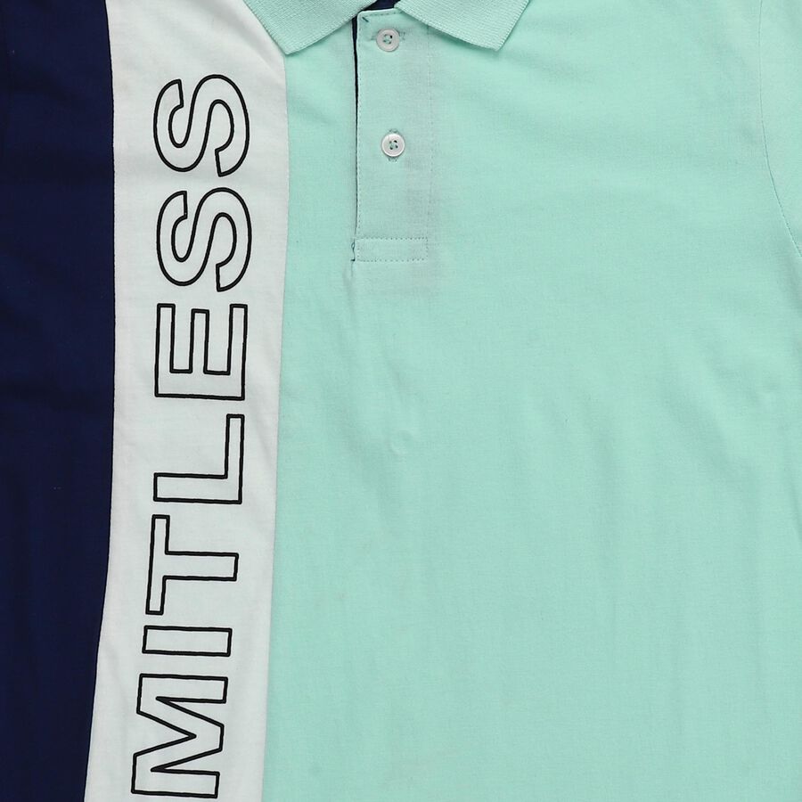 Boys Mint Green Cotton Polo Neck Graphic T-Shirt, Light Green, large
