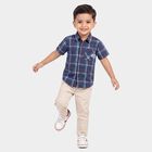 Boys Navy Blue Cotton Short Sleeves Collar Shirt, Navy Blue, small