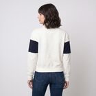 Women Cream High Neck Half-Zip Graphic Print Sweatshirt, Off White, small