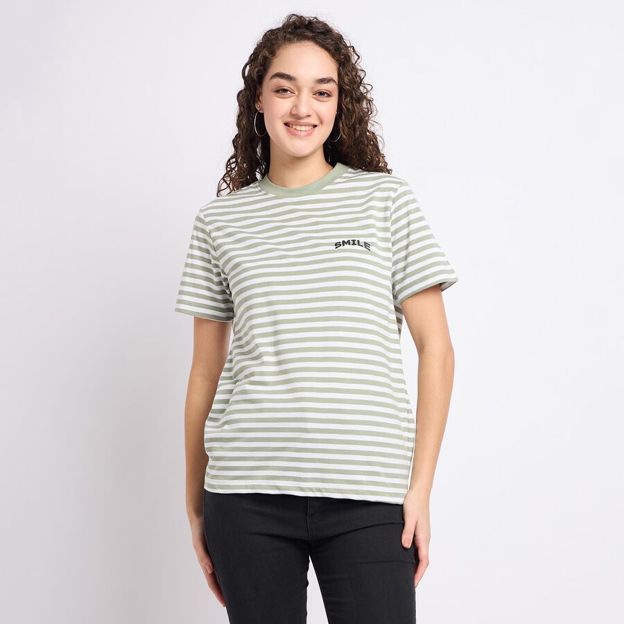 Ladies'  Stripes Round Neck T-Shirt, Light Green, large