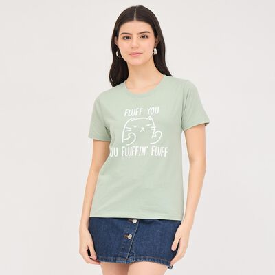 Women's Mint Green Round Neck Graphic Print T-Shirt