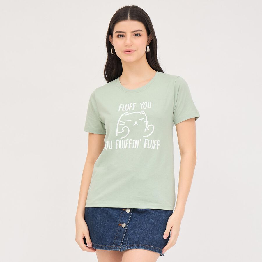 Women's Mint Green Round Neck Graphic Print T-Shirt, Light Green, large image number null