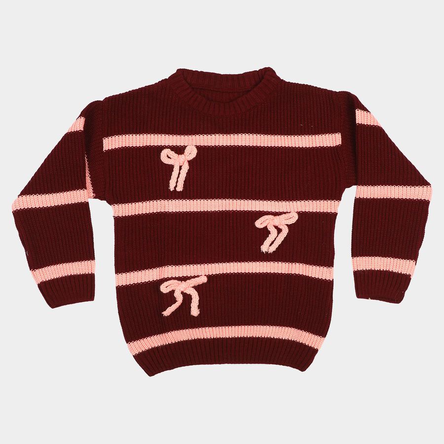 Girls Fuchsia Crew Neck Striped Pullover, Fuchsia, large