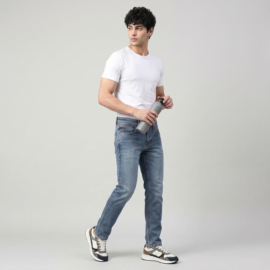 Men's Blue Slim Fit Faded Jeans, गहरा नीला, large