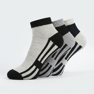 Men's Ankle Length Striped Pack of 3 Socks ( Blue, Grey, Black )