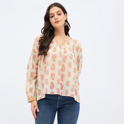 Women's Muted Eggshell White V-Neck Floral Printed Kurti