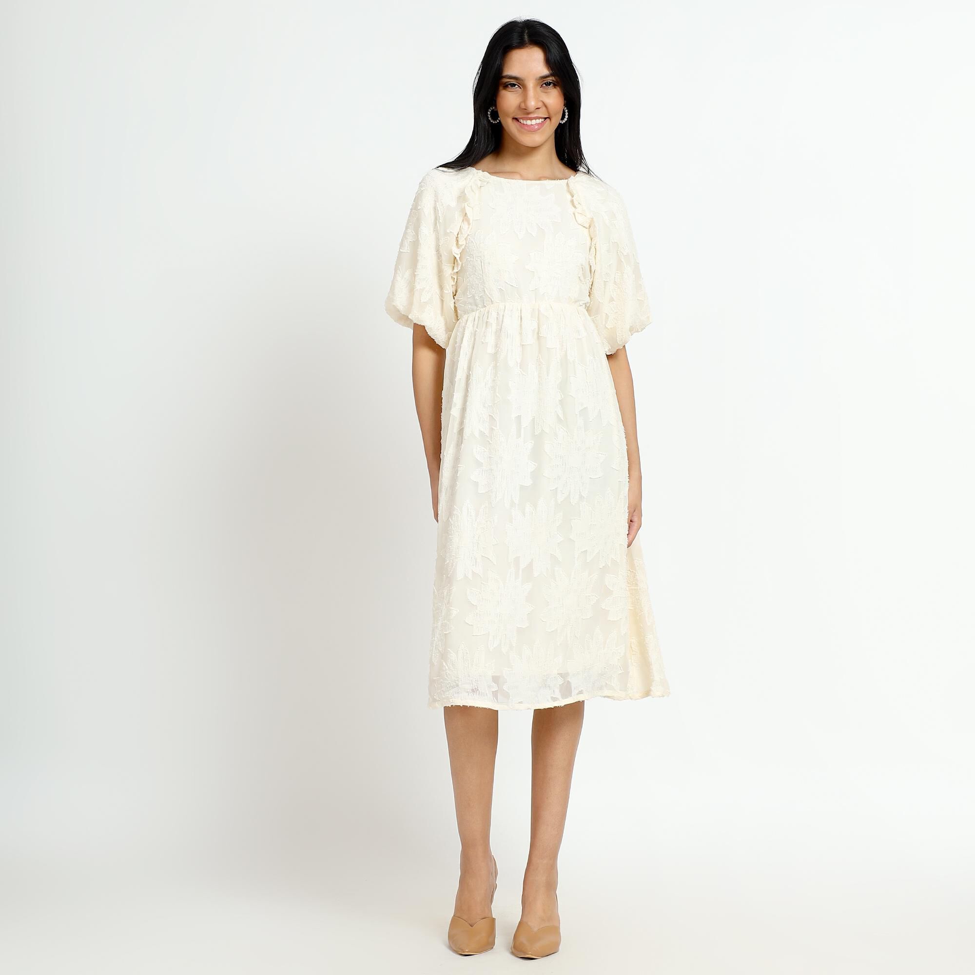 Viveza Ladies' Ivory Round Neck Romantic A-Line Dress | Vishal
