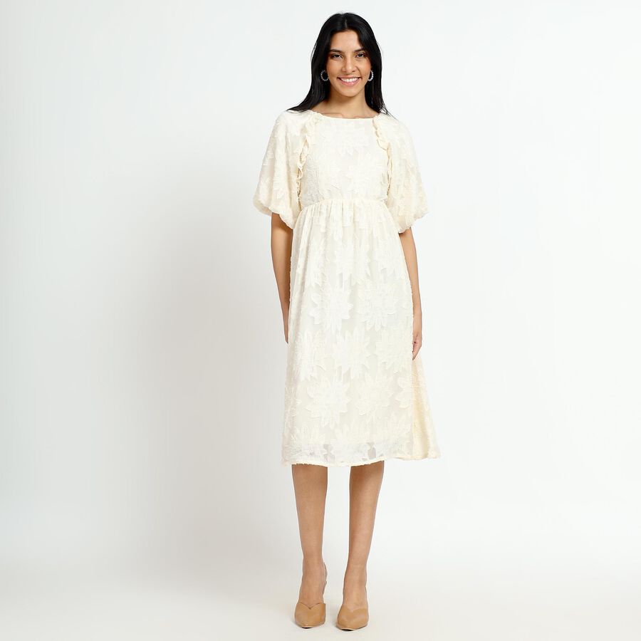 Women's Ivory Round Neck Romantic A-Line Dress, ऑफ व्हाइट, large image number null