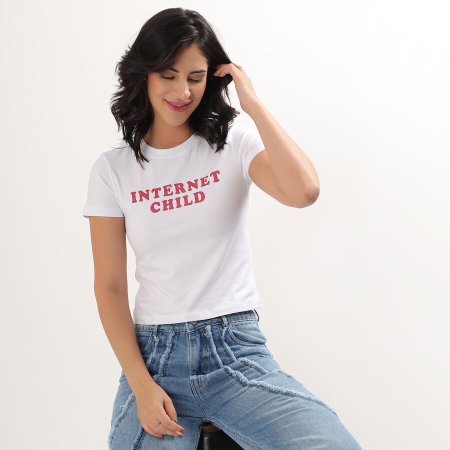 Ladies Bright White Round Neck Crop Top, White, large image number null