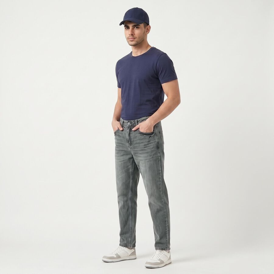 Men's Grey Straight Fit Washed Jeans, हल्का ग्रे, large