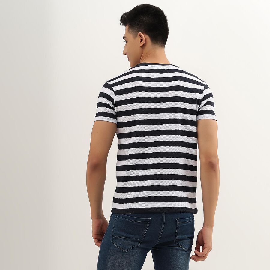 Men's Navy and White Round Neck Striped T-Shirt, Navy Blue, large image number null