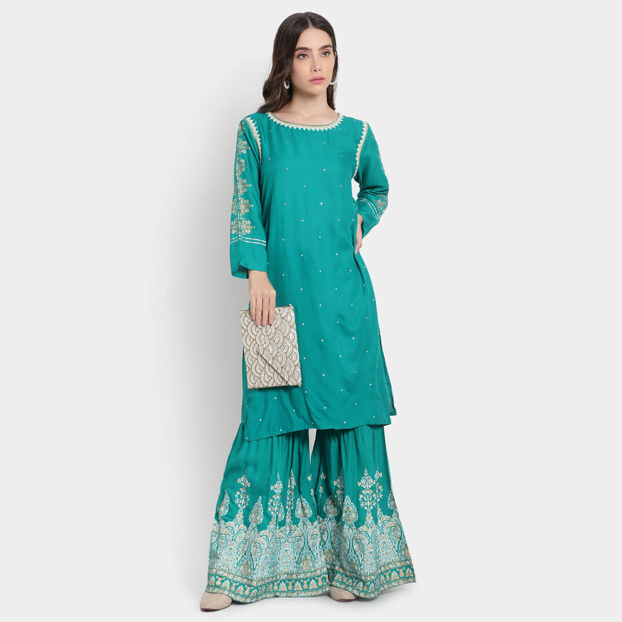 Embroidered 3/4th Sleeves Kurta, Dark Green, large image number null