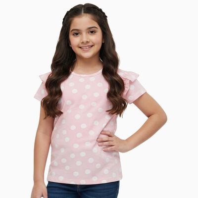 Girls' Light Pink Cotton Crew Neck Graphic Printed T-Shirt