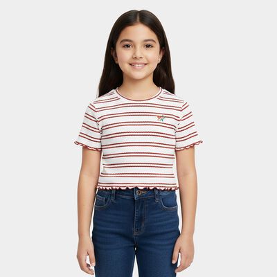 Girls Red Cotton Round Neck Casual T-Shirt