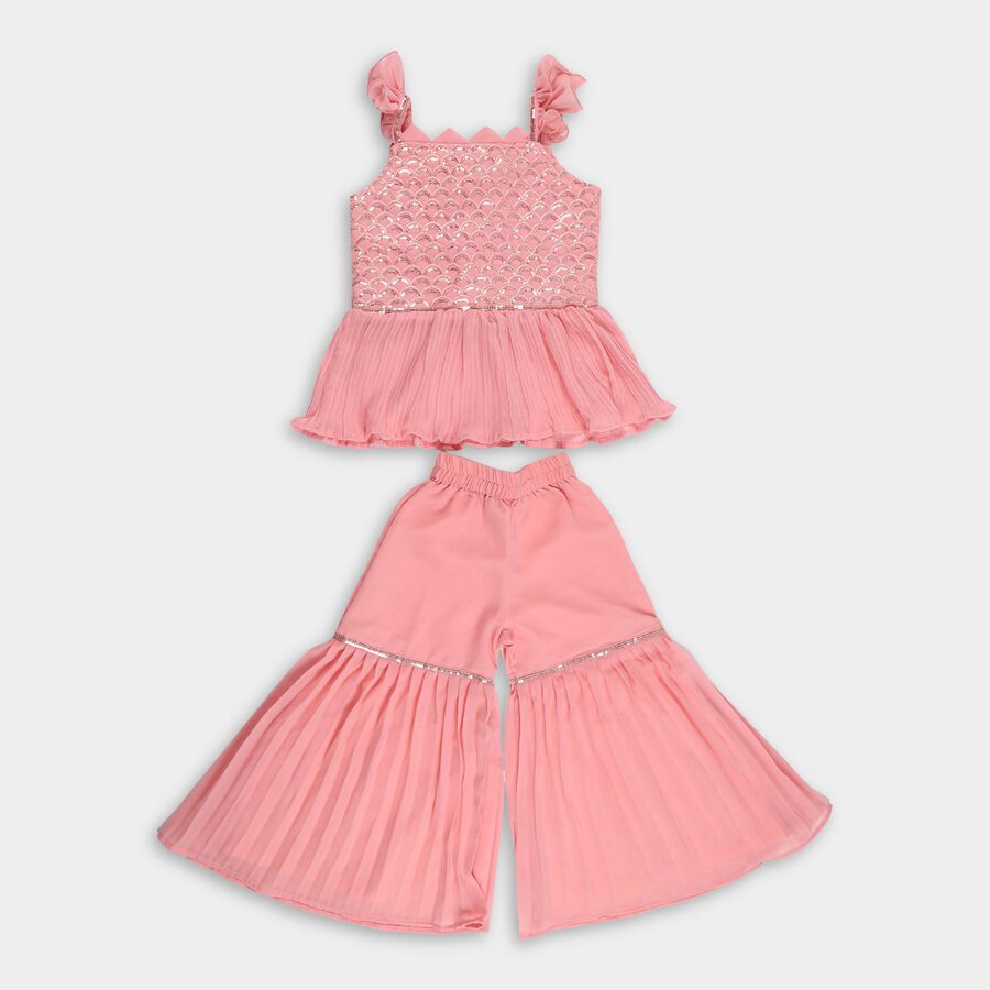 Girls' Soft Pink Sleeveless Festive Top and Palazzo Fusion Set with Dupatta, Peach, large image number null